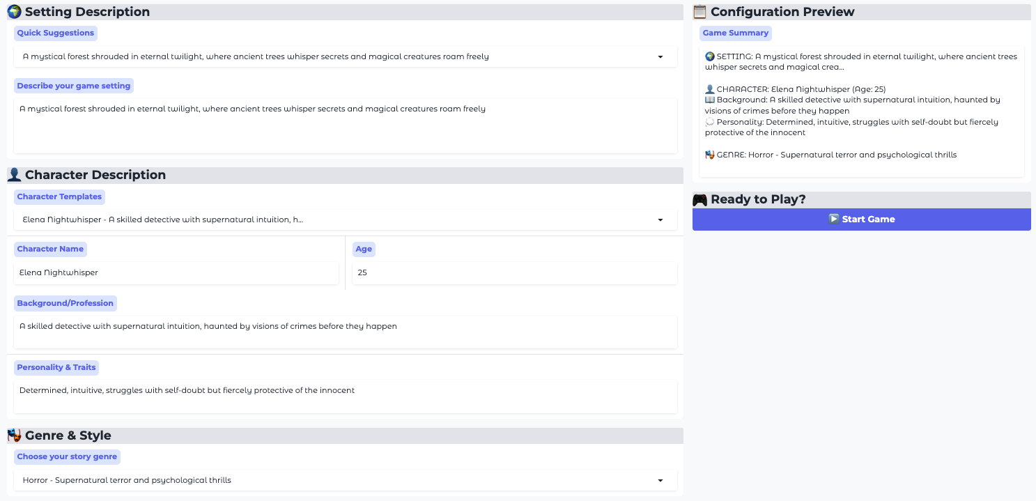 LLMGameHub UI Screenshot